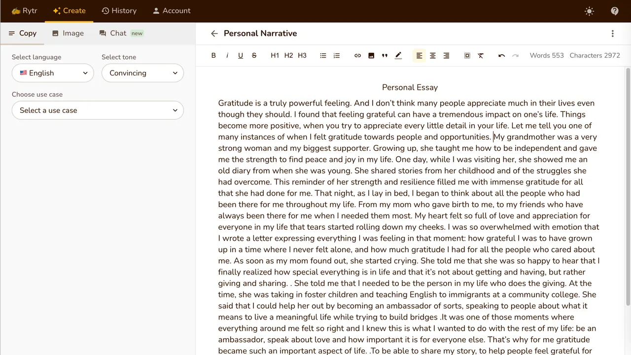 Rytr in action, writing AI tool