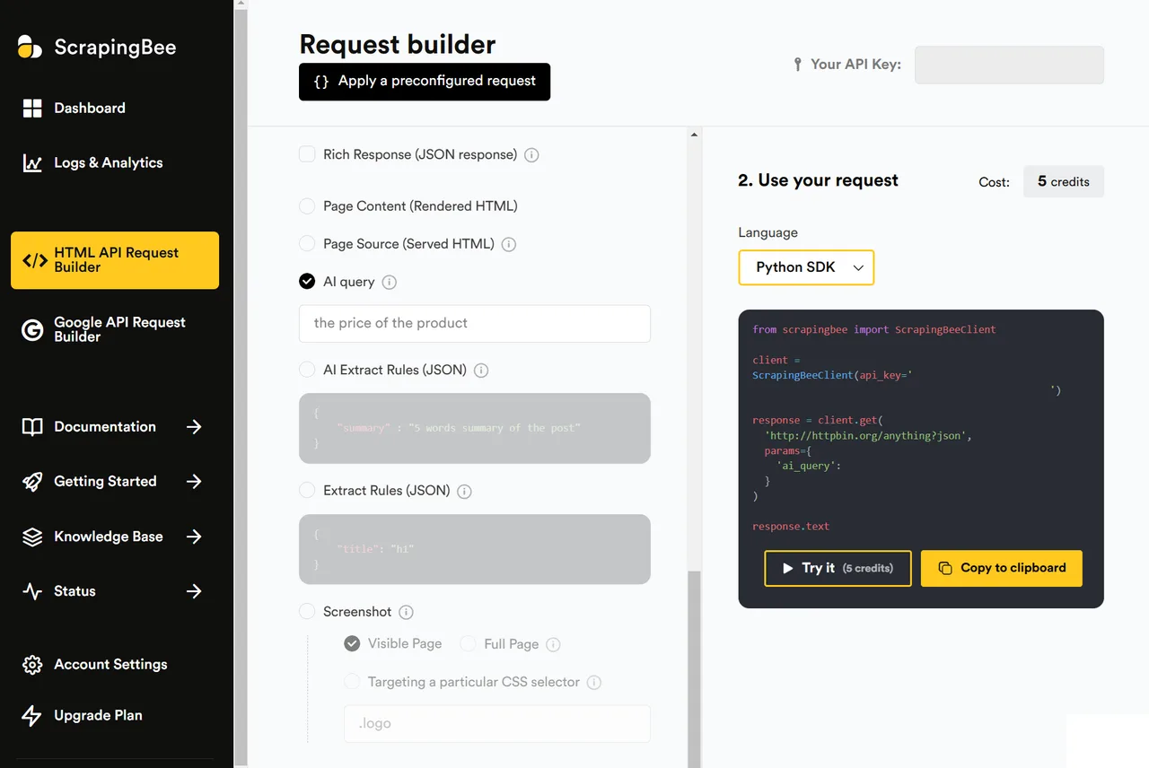 Scrapingbee interface in use