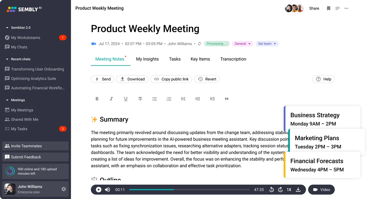 Sembly in action, transcription & meetings AI tool