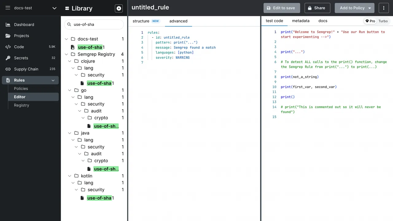 Semgrep interface in use