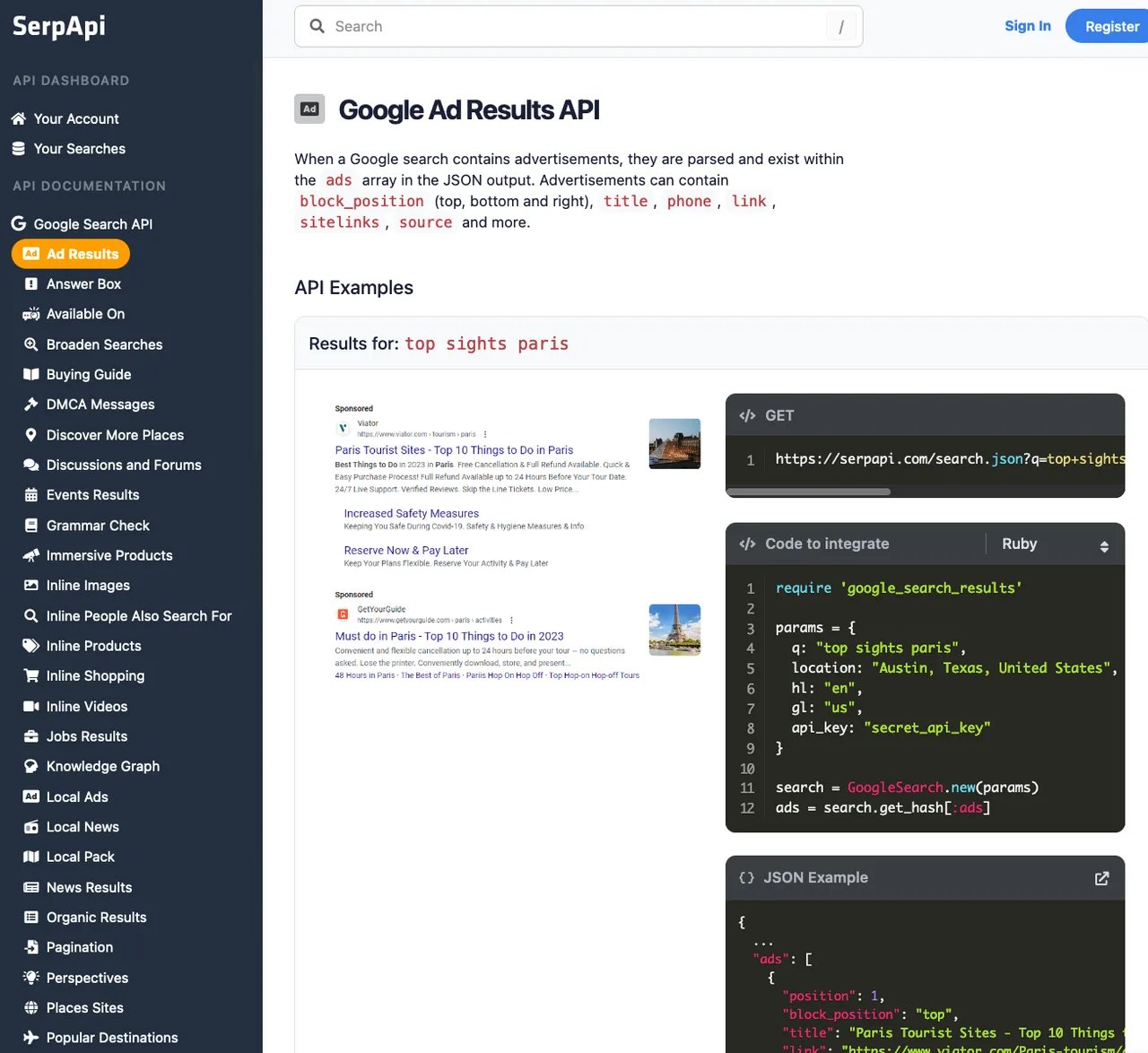 SerpAPI app screen