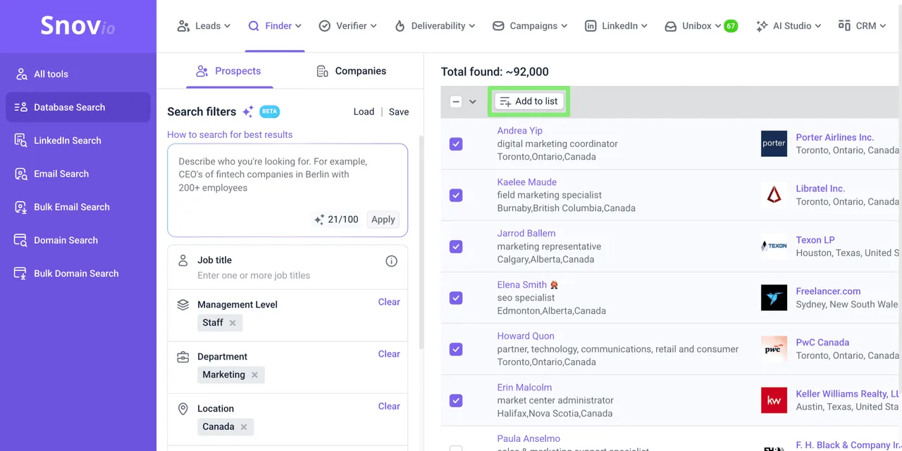 Snov.io dashboard view