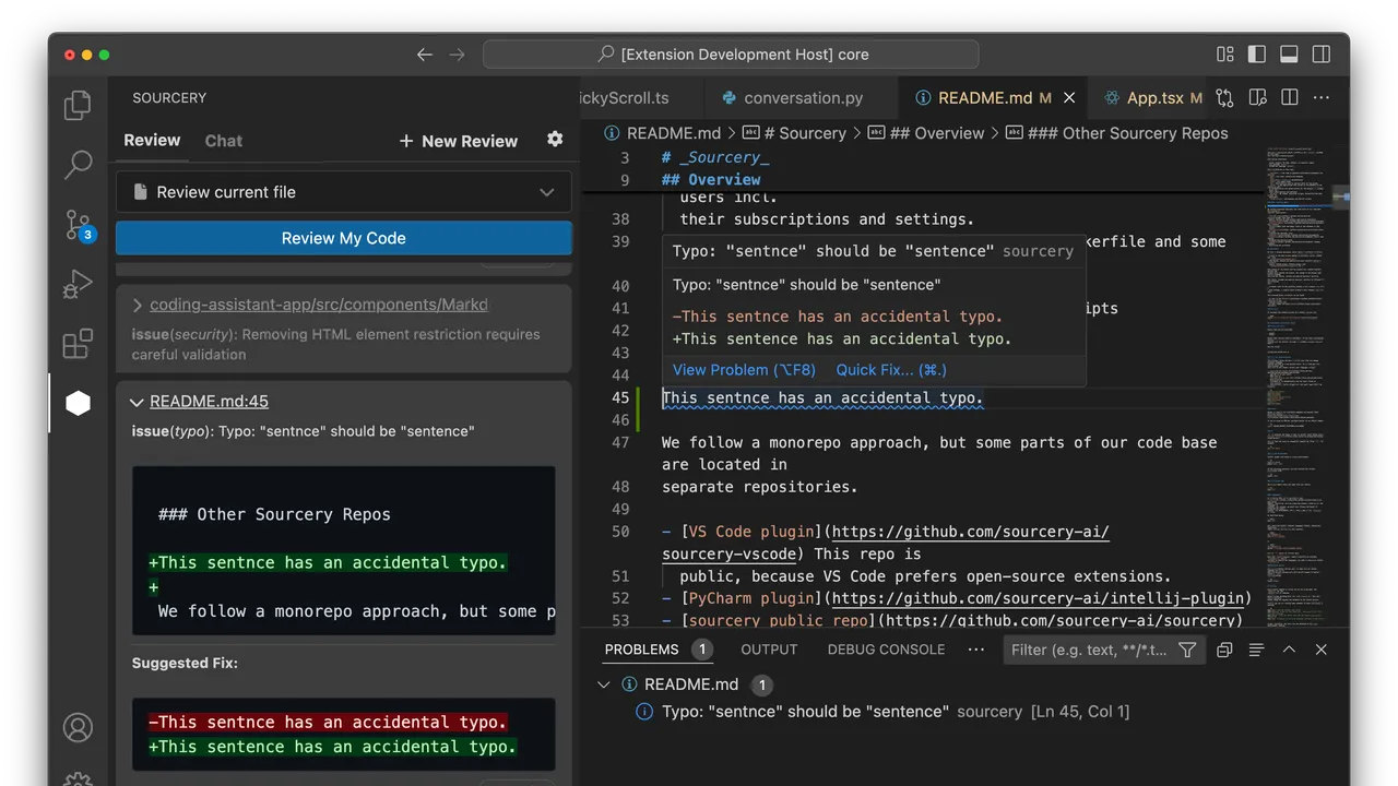Sourcery in action, code AI tool