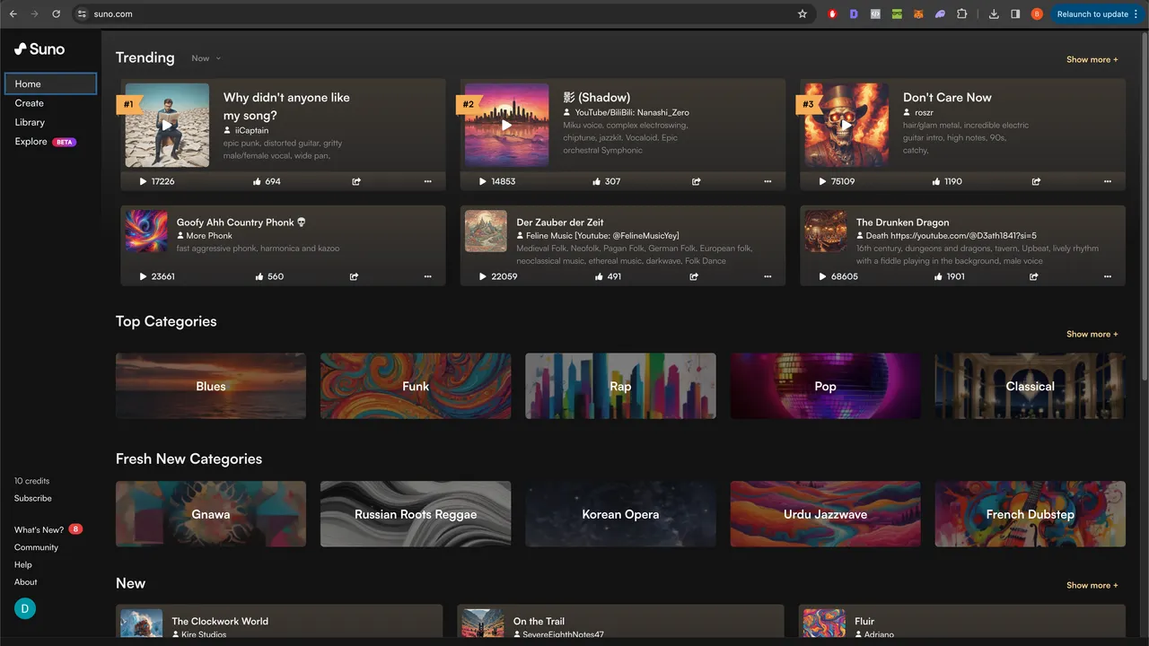 Suno dashboard view