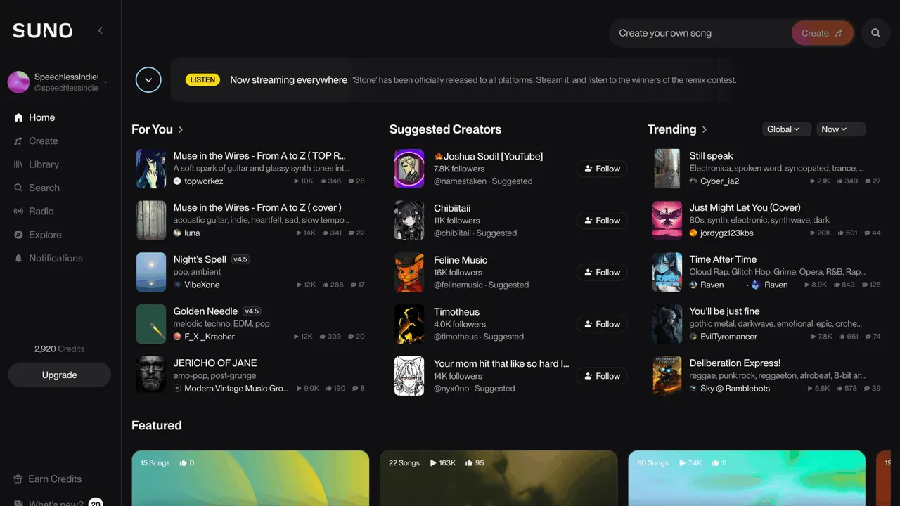Suno app screen