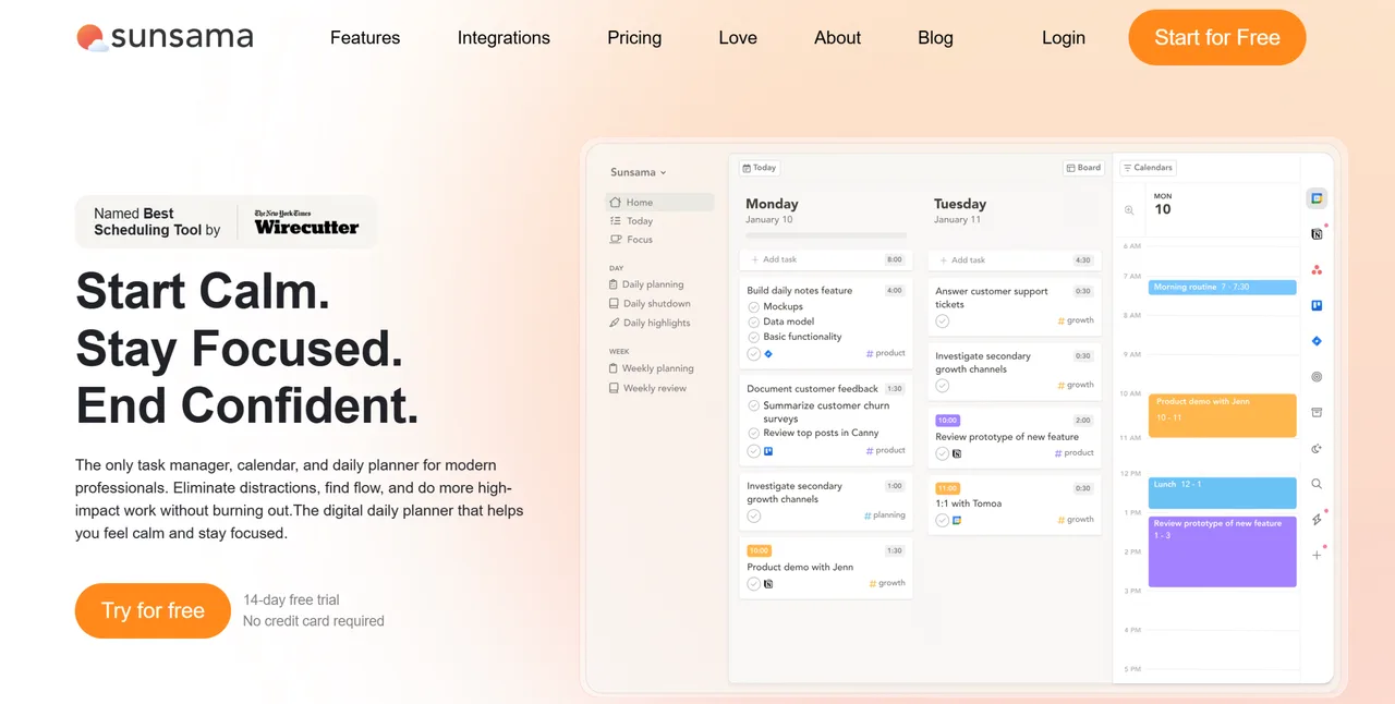 Sunsama dashboard view