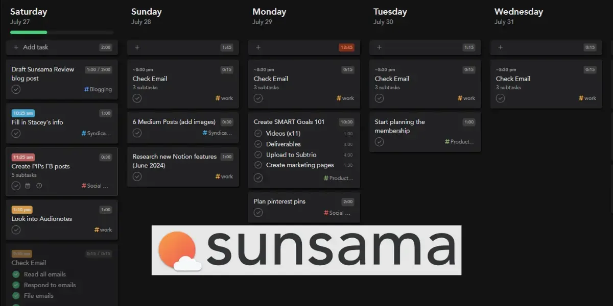 Sunsama in action, productivity AI tool