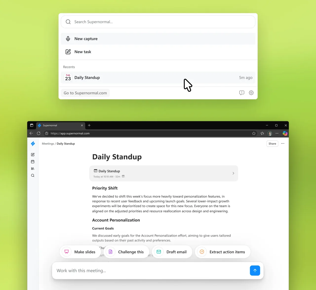 Supernormal in action, transcription & meetings AI tool