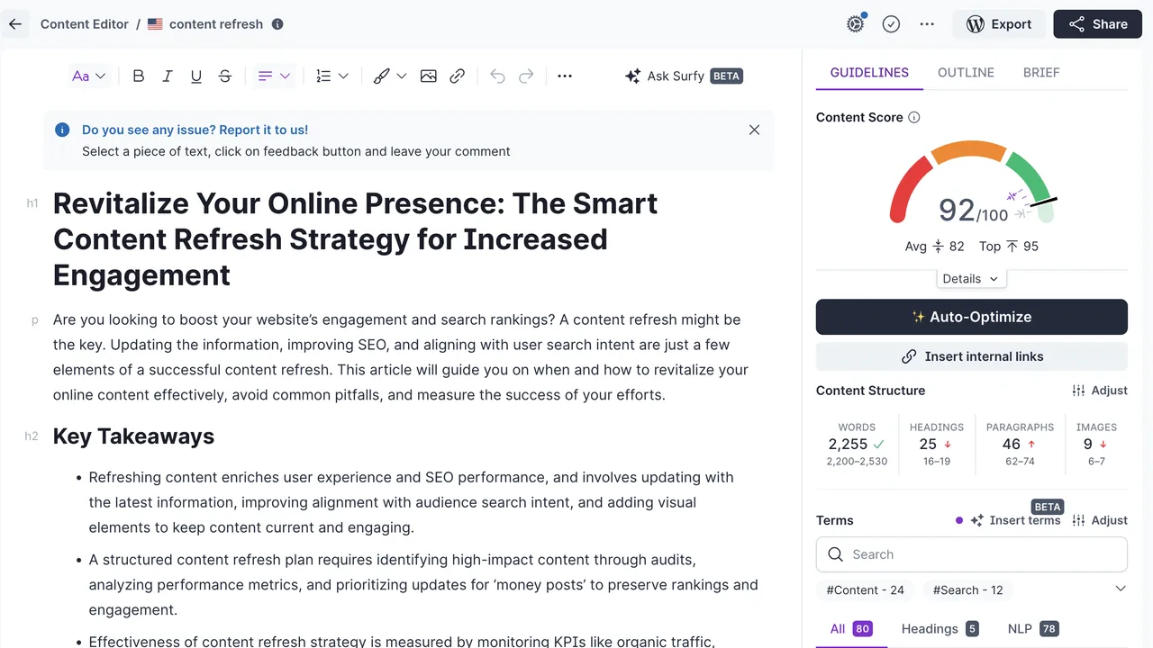 Surfer SEO in action, marketing & seo AI tool