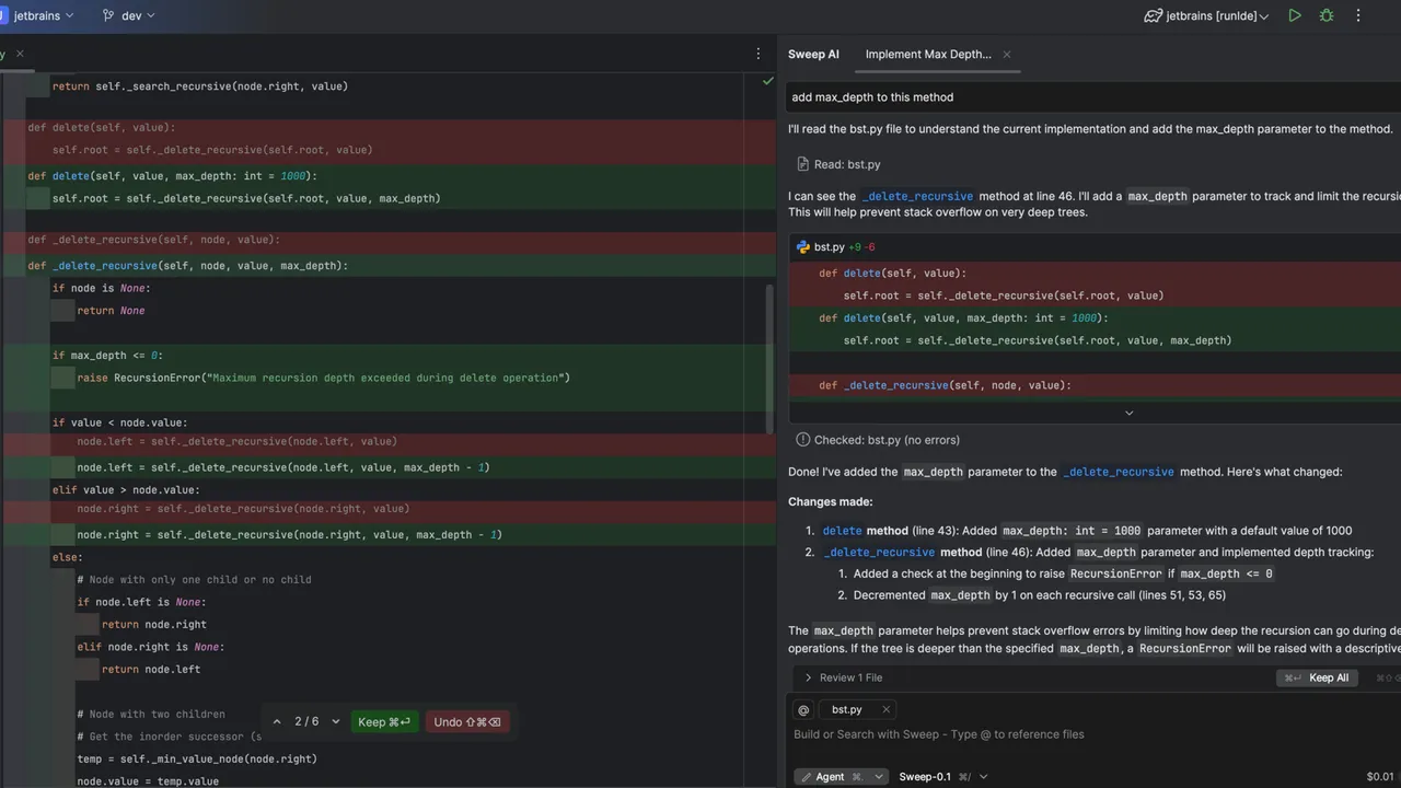 Sweep interface in use