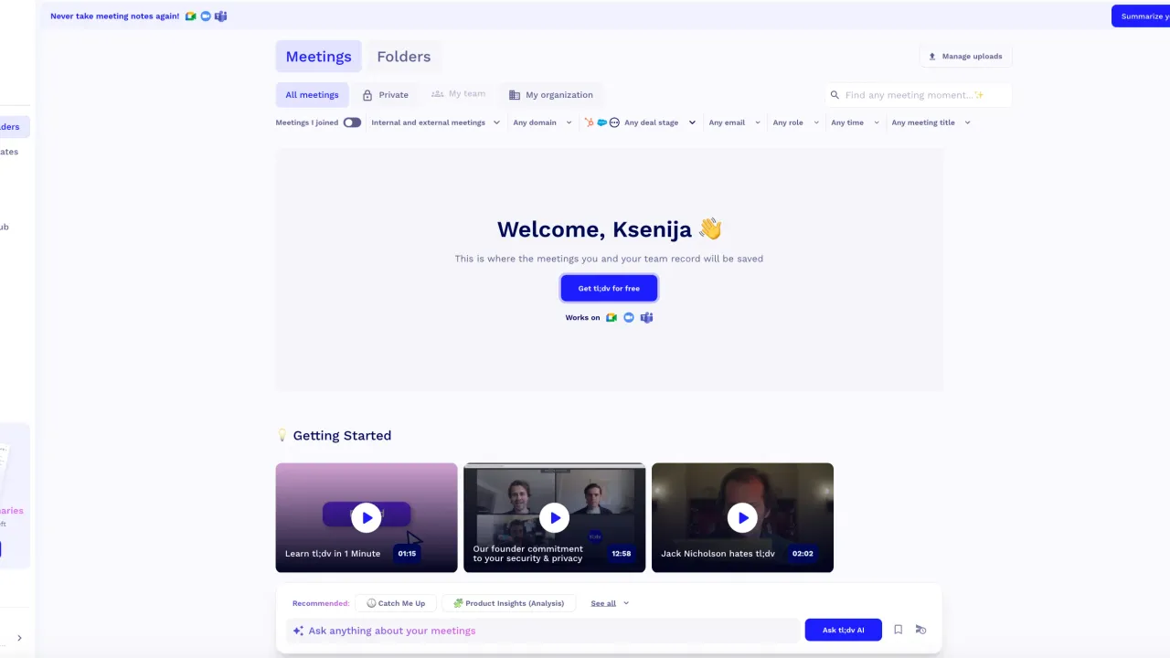 tl;dv in action, transcription & meetings AI tool