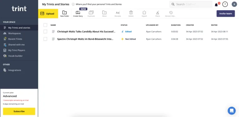 Trint in action, transcription & meetings AI tool