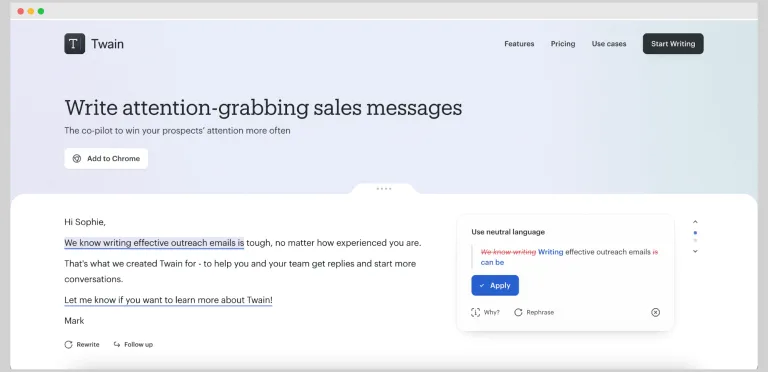 Twain in action, customer support & sales AI tool