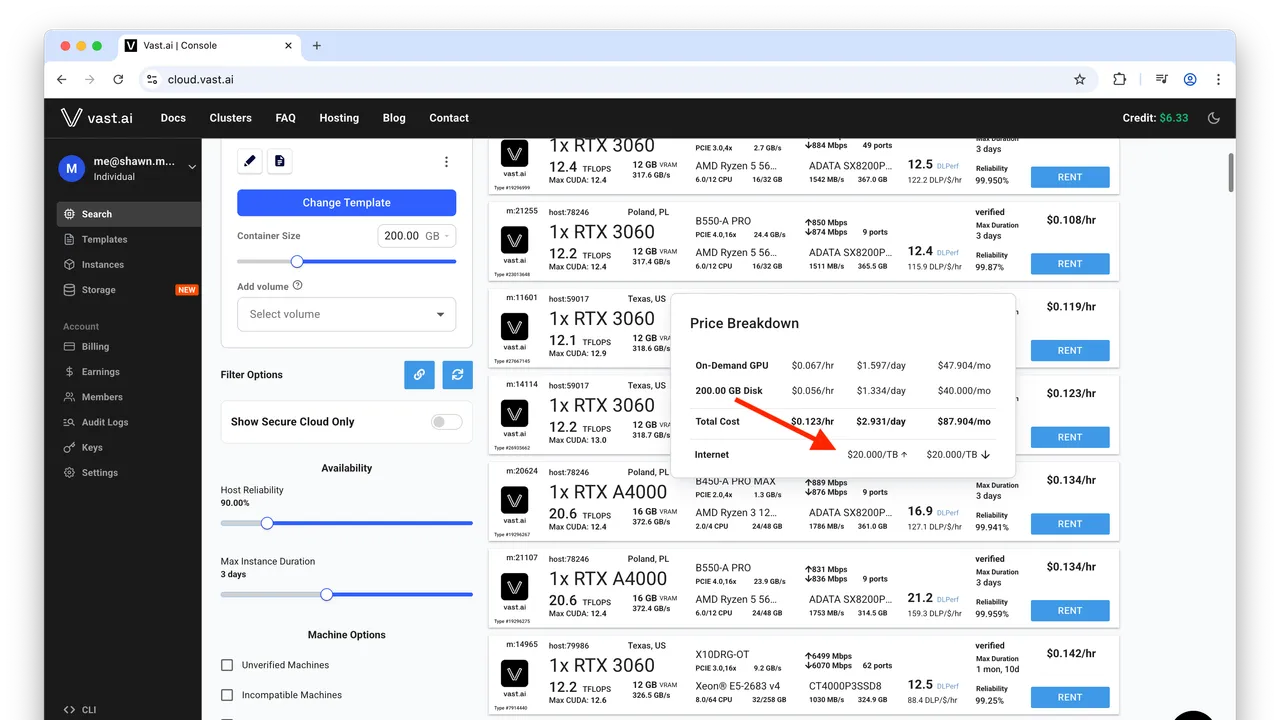 Vast.ai dashboard view