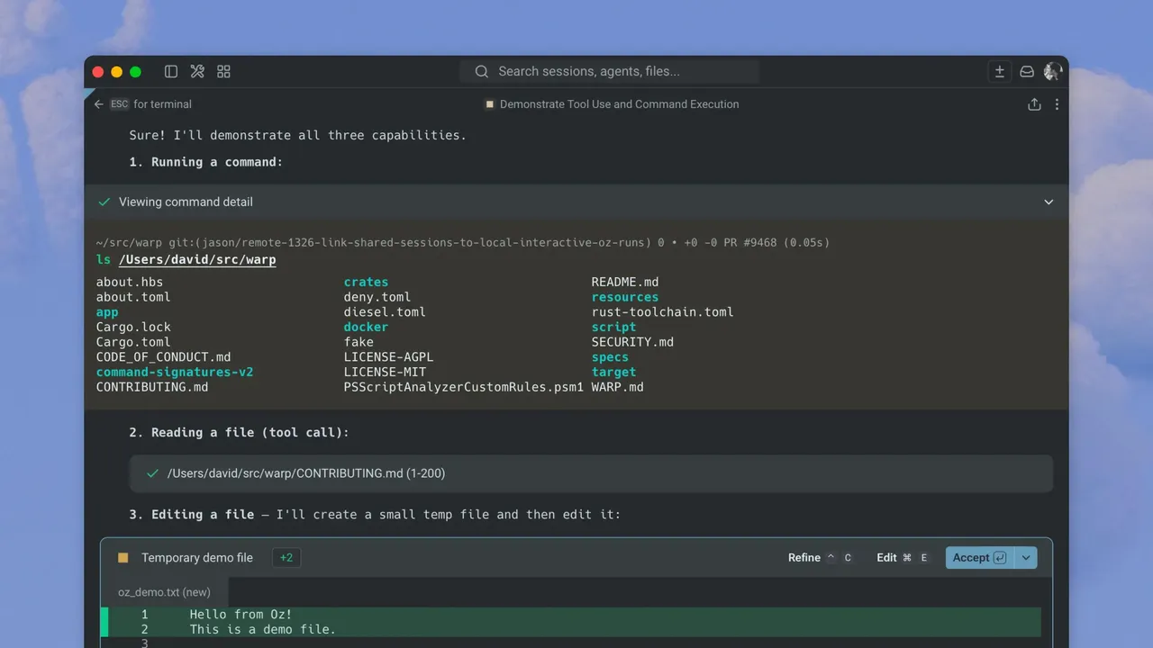 Warp app screen