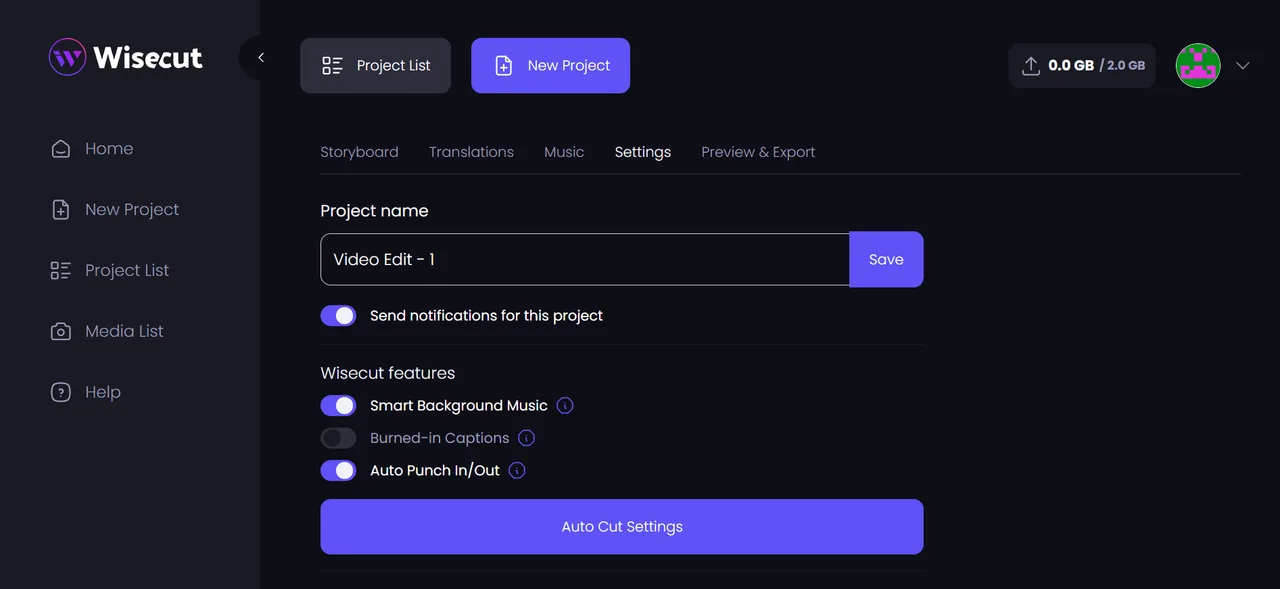 Wisecut dashboard view