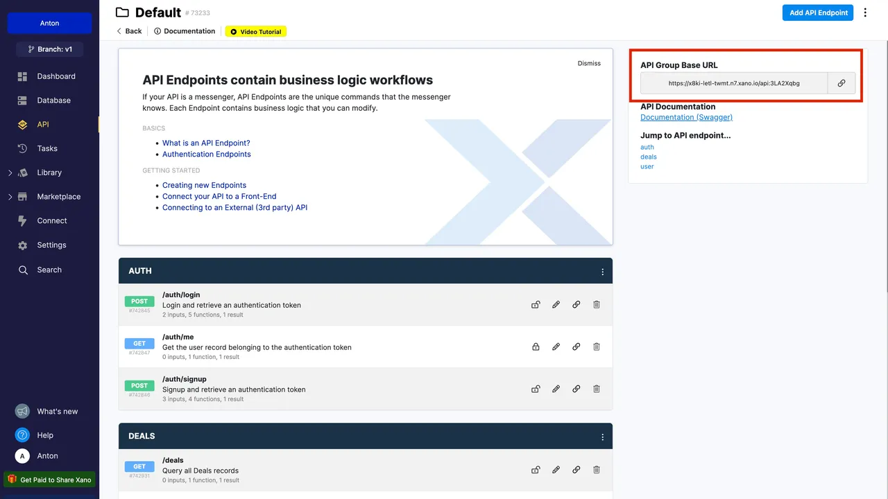 Xano dashboard view